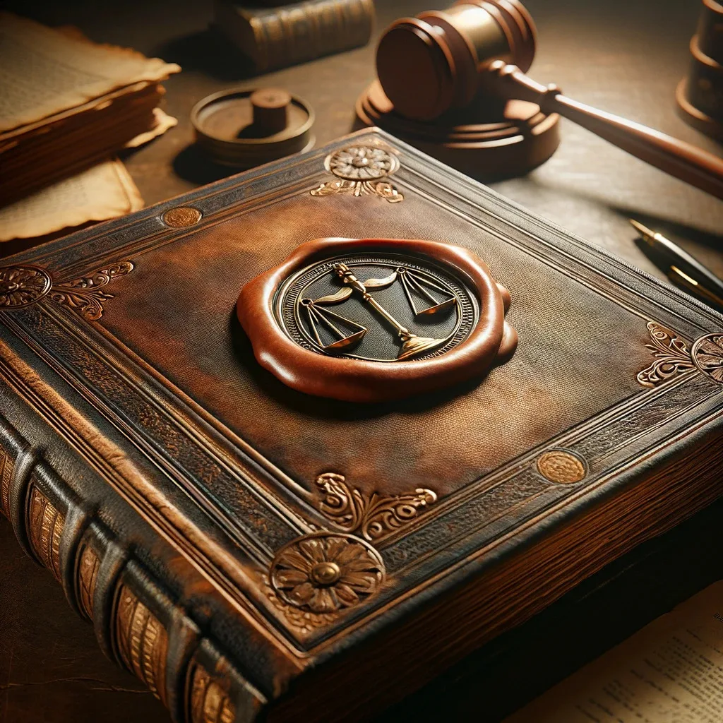 A large, ornate leather-bound law book with a bronze seal featuring the scales of justice on its cover, placed on a wooden desk beside a judge’s gavel, old papers, and a fountain pen.
